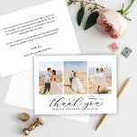 Elegant Black Script Personalized 3 Photo Wedding Thank You Card<br><div class="desc">Flat horizontal wedding thank you cards feature an elegant and stylish black calligraphy script "Thank You" text with scrolling flourishes. Personalize the front with 3 favourite portrait photos of the bride and groom, as well as a simple sans serif monogram of the couple's names. The back includes a custom thank...</div>