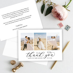 Elegant Black Script Personalized 3 Photo Wedding Thank You Card