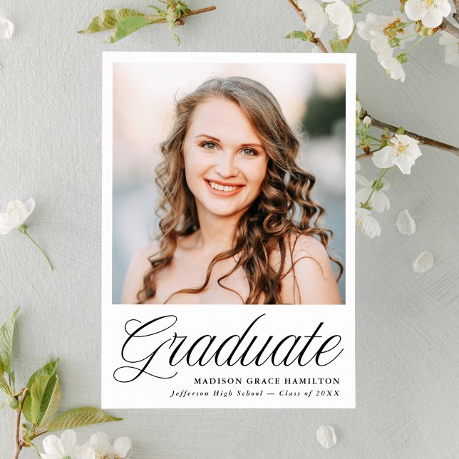 Elegant Black Script Photo Graduation Announcement (Creator Uploaded)