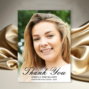 Elegant Black Script Photo Graduation Thank You Card
