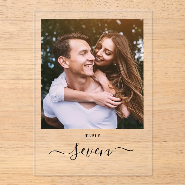 Elegant Black Script Photo Table Number (Front)