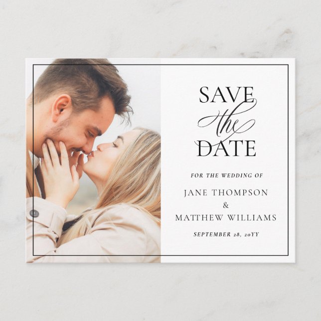 Elegant Black Script & Photo Wedding Save the Date Postcard (Front)