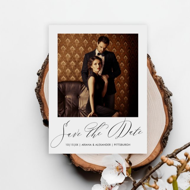 Elegant Black Script Photo Wedding Save the Date Postcard (Creator Uploaded)