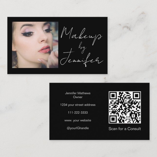 Elegant Black Script QR Code Photo Makeup Business Card (Front/Back)