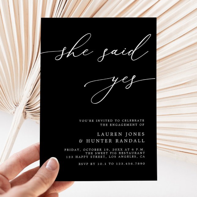 Elegant Black Script She Said Yes Engagement Party Invitation (Creator Uploaded)