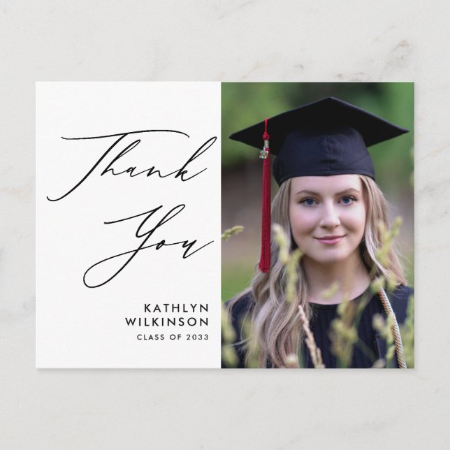 Elegant Black Script Simple Graduation Thank You Postcard (Front)