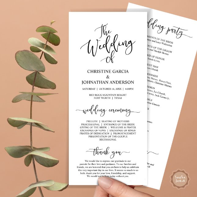 Elegant Black Script, Wedding Ceremony Program (Wedding Program Ceremony Card, Modern Romantic Script, Black and White)