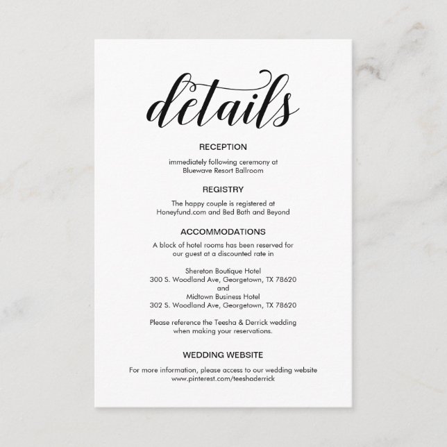 Elegant Black Script, Wedding Details Information Enclosure Card (Front)