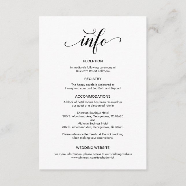 Elegant Black Script, Wedding Details Information Enclosure Card (Front)