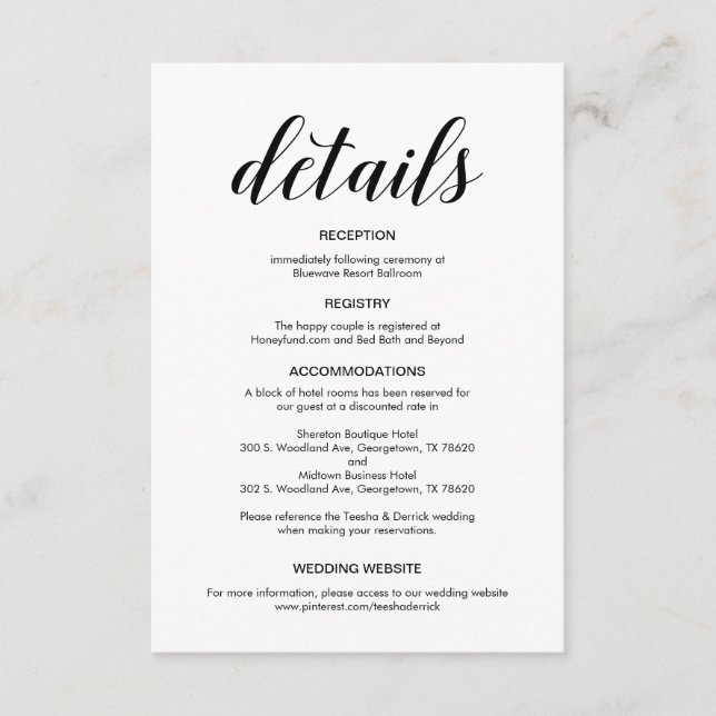 Elegant Black Script, Wedding Details Information Enclosure Card (Front)
