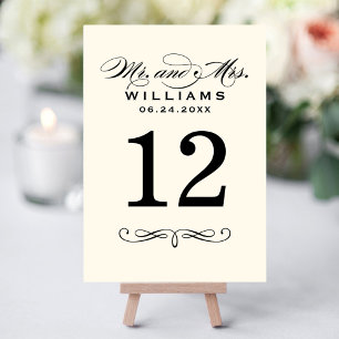 Elegant Black Script Wedding Monogram Table Number