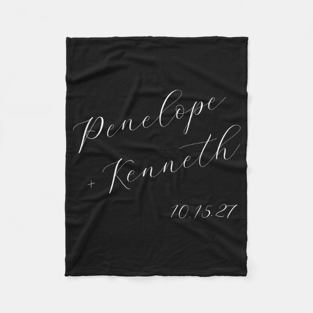Elegant Black Script Wedding Personalized Couple Fleece Blanket (Front)