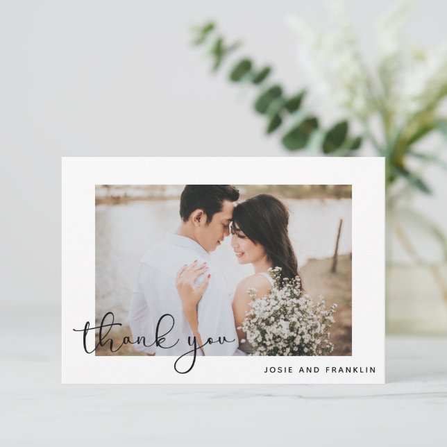 Elegant Black Script Wedding Photo Thank You Card  (Standing Front)