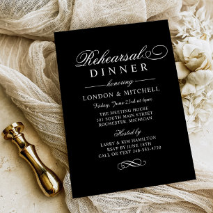 Elegant Black Script Wedding Rehearsal Dinner Invitation
