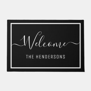 Elegant Black Script Welcome Personalized Doormat