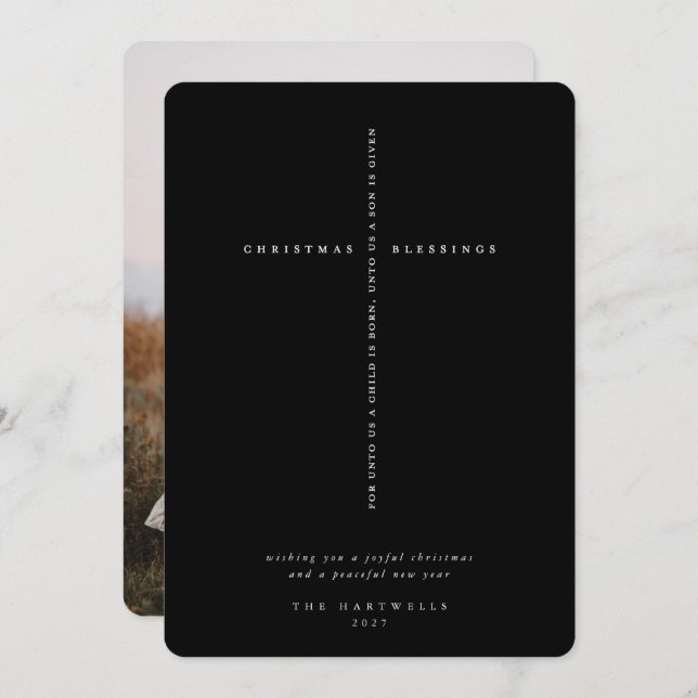 Elegant Black Scripture Cross Photo Holiday Card (Front/Back)