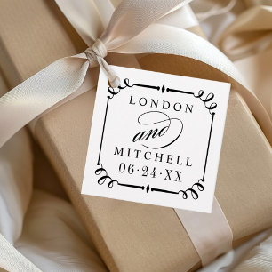 Elegant Black Scroll Frame Custom Wedding Monogram Favour Tags