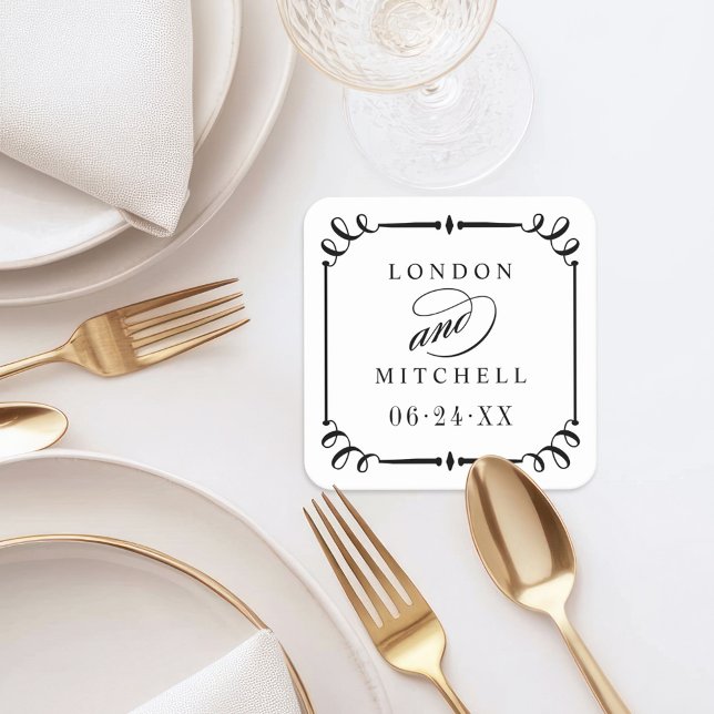 Elegant Black Scroll Frame Custom Wedding Monogram Square Paper Coaster (Creator Uploaded)