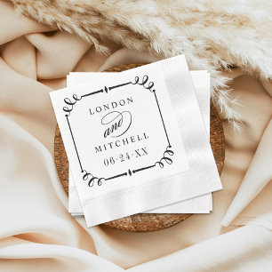 Elegant Black Scroll Frame Monogram Wedding Napkin