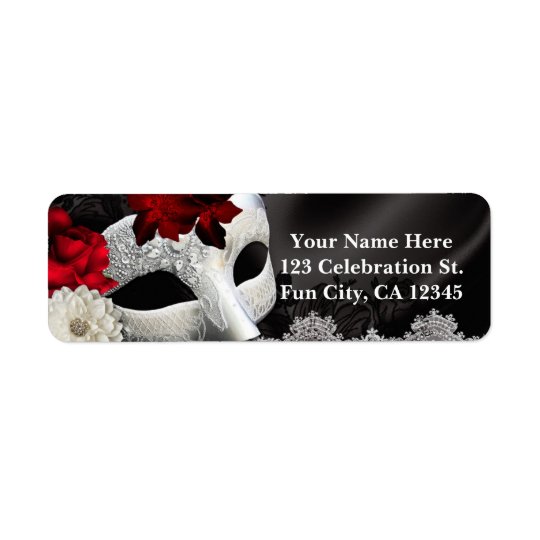 Elegant Black Silk Floral & Lace Masquerade Party Return Address Label