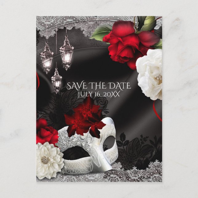 Elegant Black Silk Floral Masquerade Save the Date Announcement Postcard (Front)
