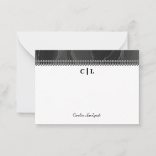Elegant Black Silk Pearls Monogrammed Initials Card