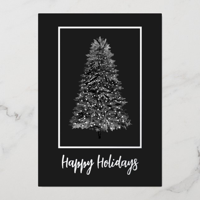 Elegant Black Silver Christmas Tree Foil Holiday Card (Front)