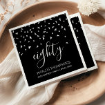 Elegant Black Silver Confetti 80th Birthday Party Napkin<br><div class="desc">Help them celebrate their 80th birthday in style with this simple but elegant design, featuring faux silver triangular confetti sifting down on the word "eighty" in light grey handwriting font on a black background. Personalize it with the name of the honoree in light grey sans serif font, along with the...</div>