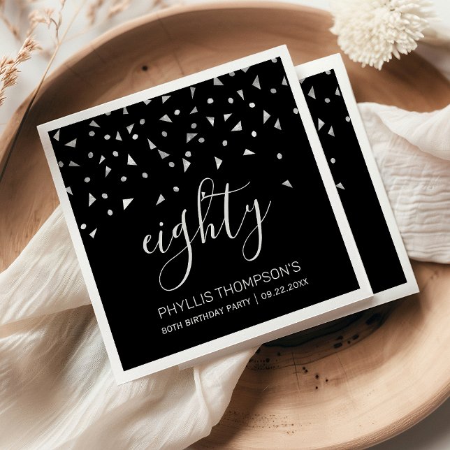 Elegant Black Silver Confetti 80th Birthday Party Napkin (Creator Uploaded)
