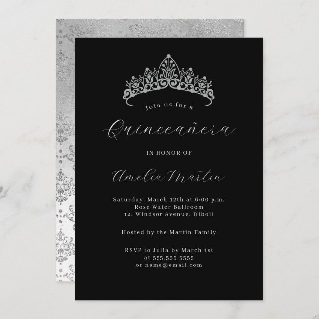 Elegant Black Silver Damask Tiara Quinceanera  Invitation (Front/Back)