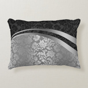 Elegant Black & Silver Damasks Dynamic Stripes Accent Pillow