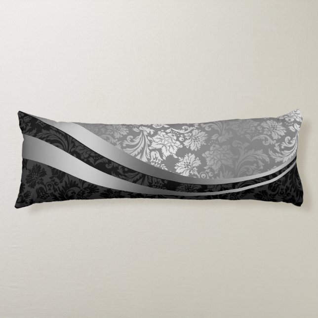 Elegant Black & Silver Damasks Dynamic Stripes Body Pillow (Front)