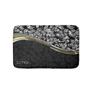 Elegant Black & Silver Damasks Gold Accents Bath Mat