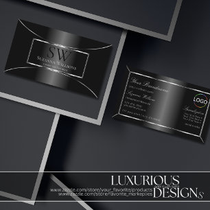 Elegant Black Silver Decor with Monogram and Logo Business Card