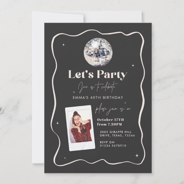 Elegant Black & Silver Disco Ball 18th Birthday Invitation (Front)