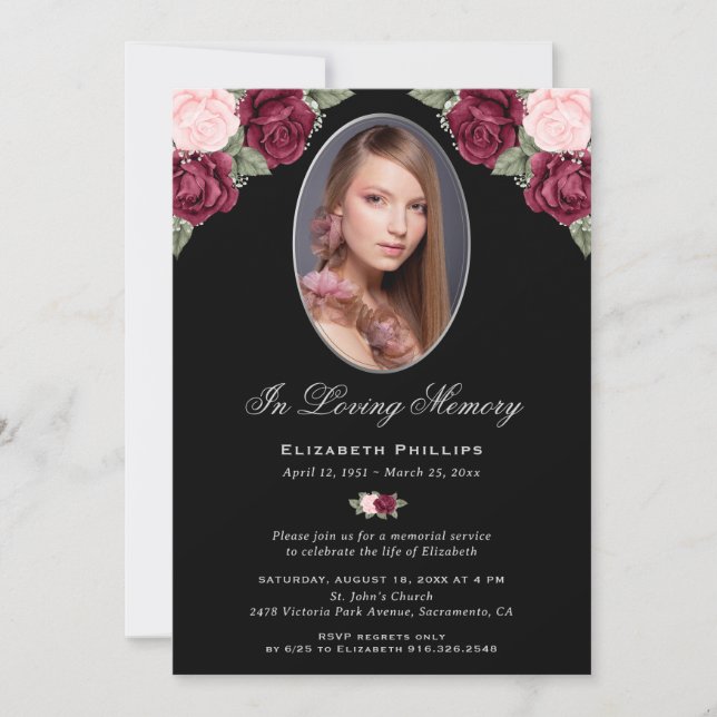Elegant Black Silver Floral Photo Memorial Service Invitation (Front)