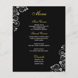 Elegant Black Silver Floral Swirls  Wedding Menu