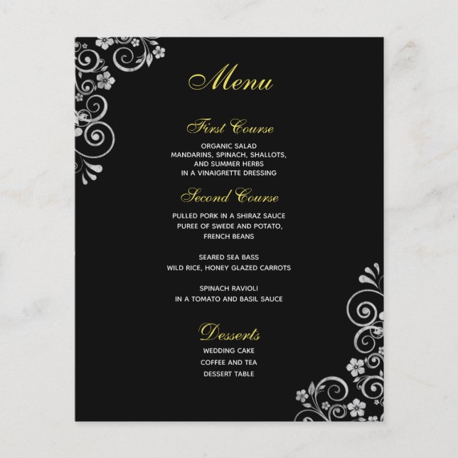 Elegant Black Silver Floral Swirls  Wedding Menu (Front)