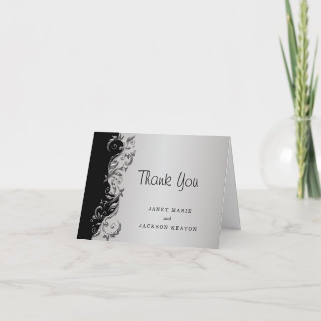 Elegant Black & Silver Floral Wedding Thank You (Front)