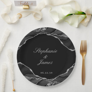 Elegant Black Silver Foil Agate Wedding Paper Plate