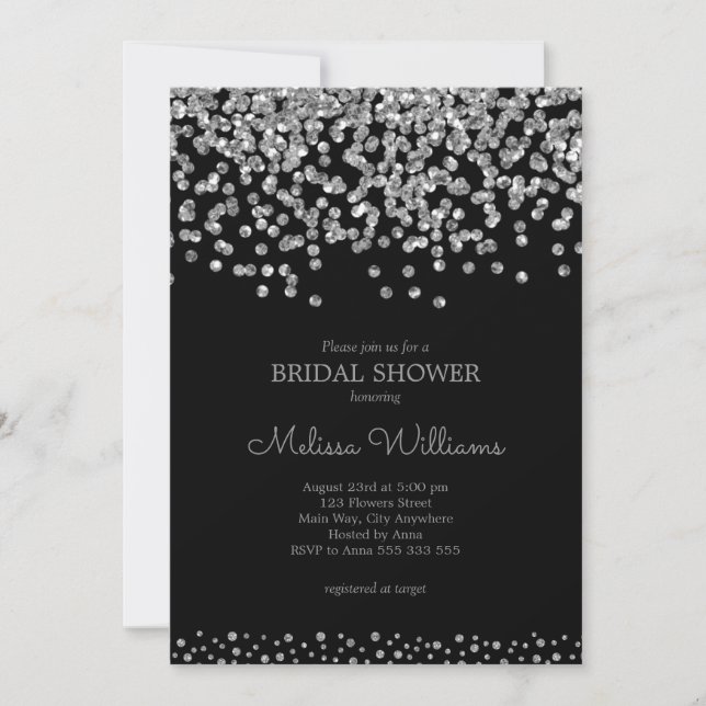 Elegant Black Silver Foil Confetti Bridal Shower Invitation (Front)