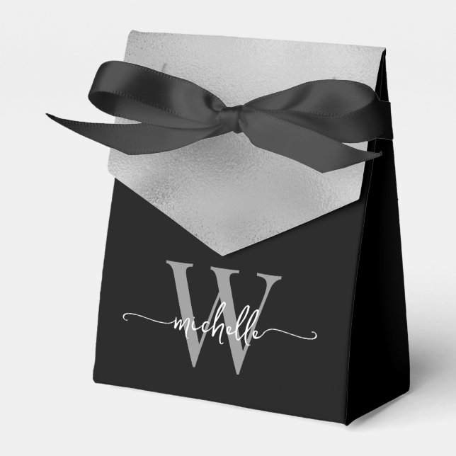  Elegant Black Silver Foil Monogram Name Script Favor Box (Front Side)