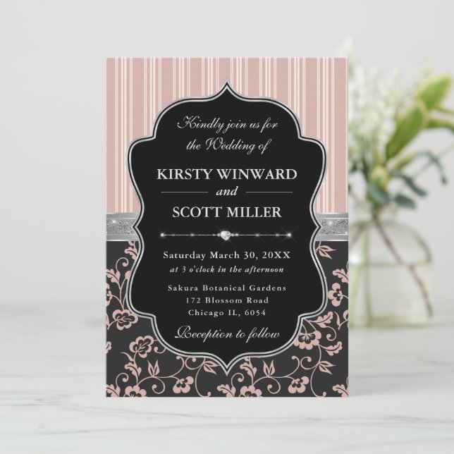 Elegant Black Silver Frame Floral Wedding Invitation (Standing Front)