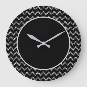 Elegant Black Silver Glam Sparkle Glitter Large Clock