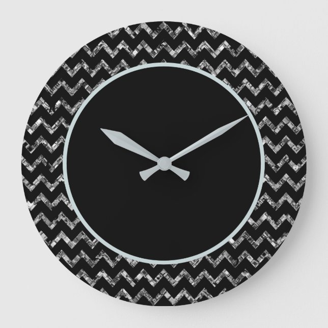 Elegant Black Silver Glam Sparkle Glitter  Large Clock (Front)