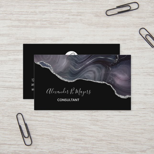 Elegant Black Silver Glitter Agate Geode Monogram  Business Card (Front/Back In Situ)