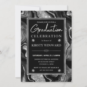 Elegant Black & Silver Glitter Agate Graduation Invitation
