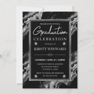 Elegant Black & Silver Glitter Agate Graduation Invitation