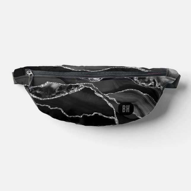 Elegant Black Silver Glitter Agate Marble  Fanny Pack (Lay Down)