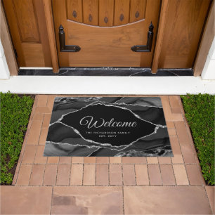 Elegant Black Silver Glitter Agate Personalized Doormat